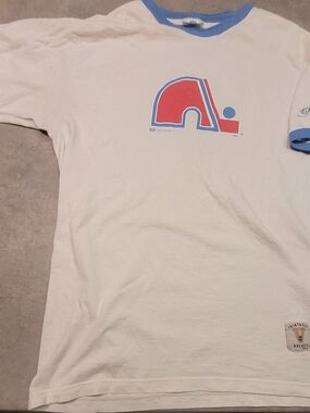 Vintage-Style White Ringer Tee with Red & Blue Logo